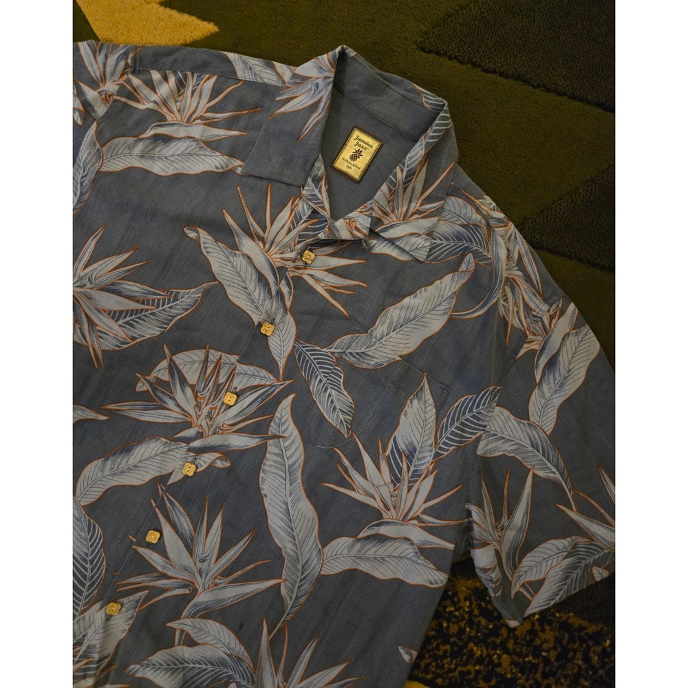 Jamaica Jaxx Mens XL 100% Silk Bird of Paradise Floral Button Down Shirt Blue